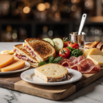 Square plates display grilled cheese colorful meats and fresh vegetables with warm lighting on a wooden board