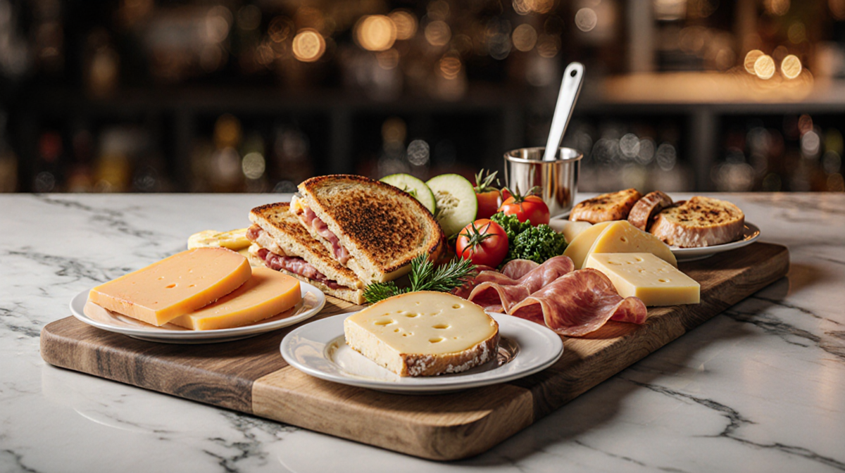 Square plates display grilled cheese colorful meats and fresh vegetables with warm lighting on a wooden board