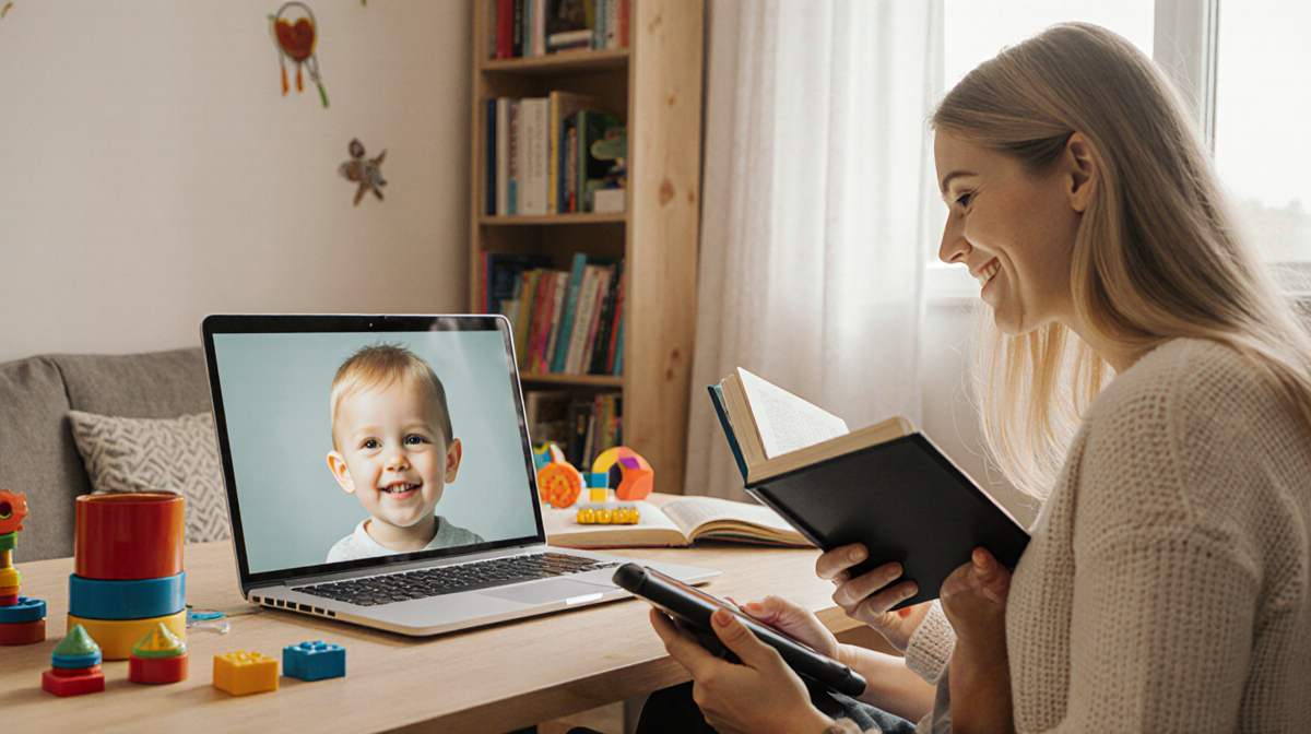 Grimes reads a book with her child playing a tablet nearby in a warm softly lit room surrounded by toys and books