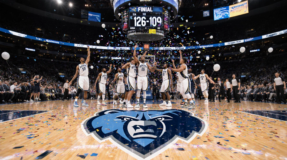 Grizzlies players celebrate on court with team logo and confetti showing 126-109 victory