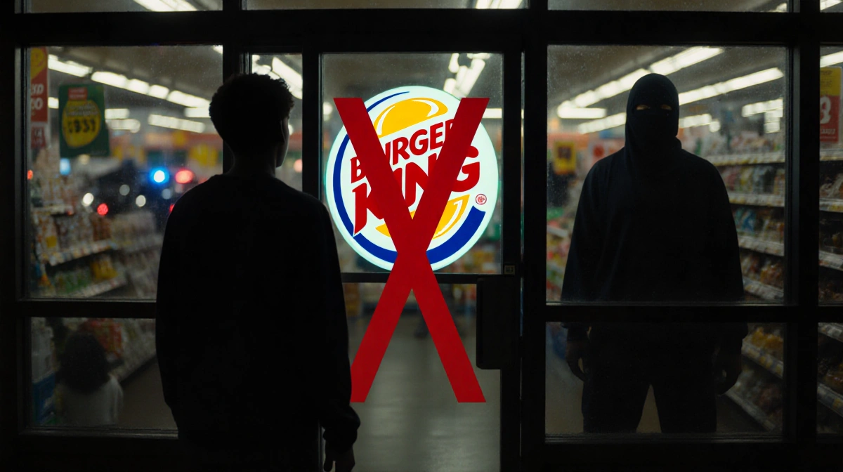 Teenage silhouette stands back from entrance with bold red X marking danger and shadowy figure looming in background