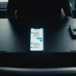 Futuristic smartphone on dark desk shows Grok AI interface with security badges and documents in shadowy room