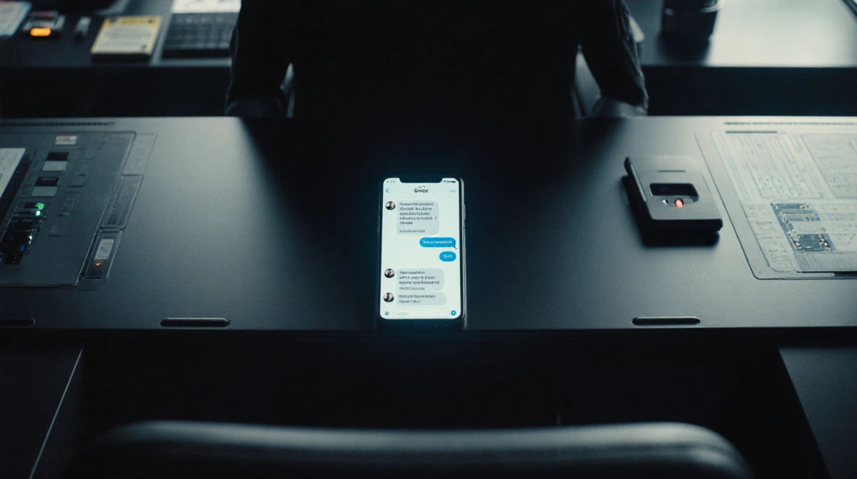 Futuristic smartphone on dark desk shows Grok AI interface with security badges and documents in shadowy room