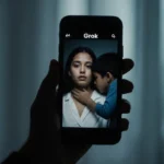 Person holding smartphone with AI deepfake content on screen showing disturbing manipulated image