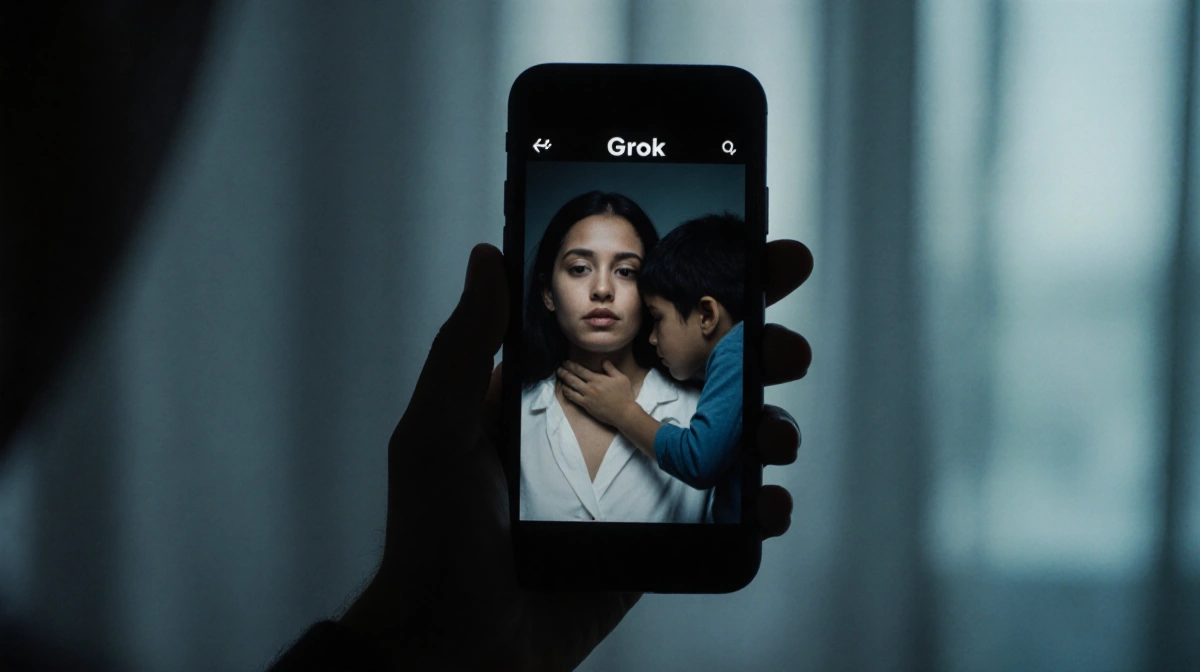 Person holding smartphone with AI deepfake content on screen showing disturbing manipulated image