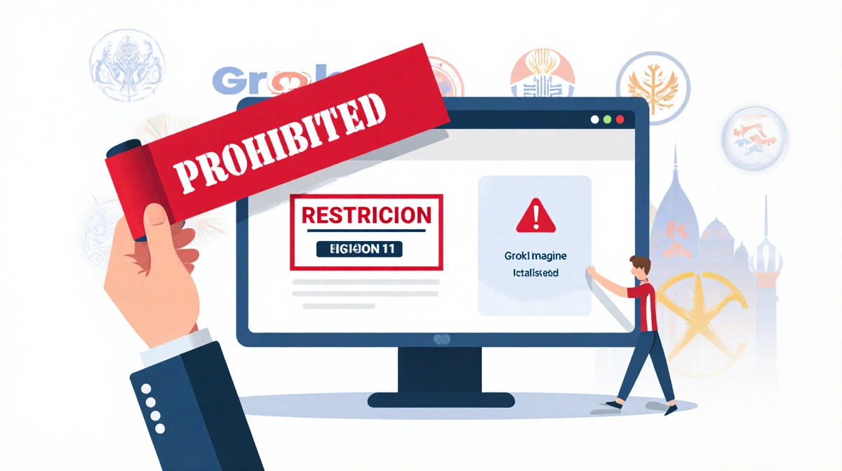 Government official holding prohibited banner with computer screen showing Grok restriction notice and dimmed spicy mode icon