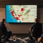 Air traffic controllers monitor delayed flights with a map and scattered schedules in a chaotic room with soft warm lighting