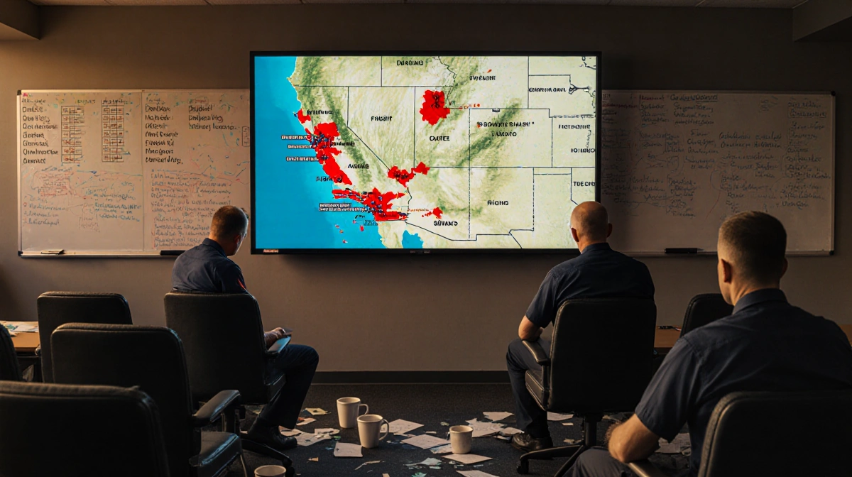 Air traffic controllers monitor delayed flights with a map and scattered schedules in a chaotic room with soft warm lighting