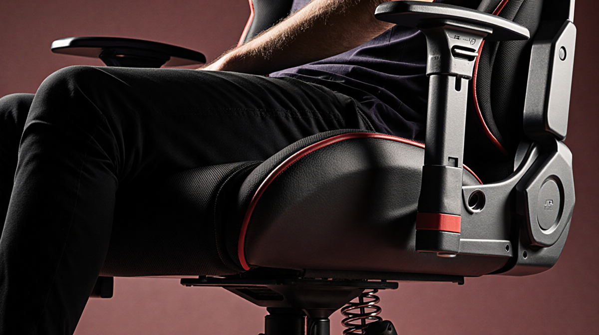 Person sits in GTPlayer gaming chair with headrest and removable lumbar, visible memory foam springs and metal frame