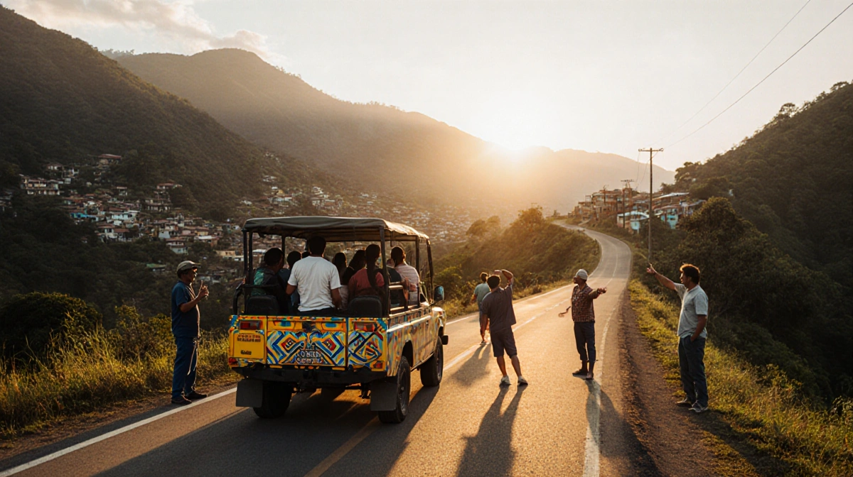 Adventurers driving colorful SUV on winding Guatemala mountain road with sunrise glow and local guides waving