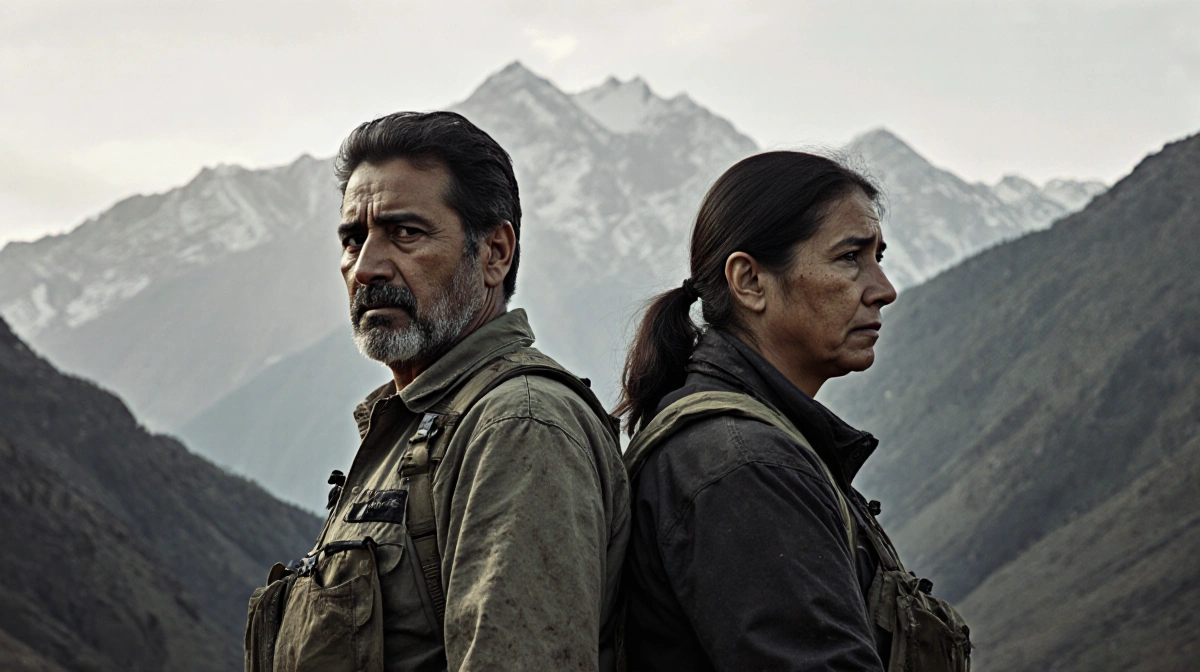 Two Guatemalan hikers standing back-to-back with weathered outdoor gear against a rugged mountain backdrop and sad expression