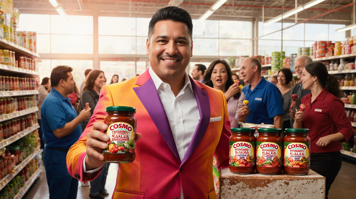 Guillermo Rodriguez holds his signature salsa jar while standing in vibrant suit with three heat level jars behind him and ex
