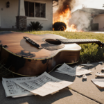 Charred guitar lying on grass with scattered music sheets and soft golden light and a blurred burning building behind.