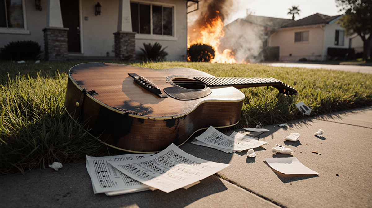 Charred guitar lying on grass with scattered music sheets and soft golden light and a blurred burning building behind.