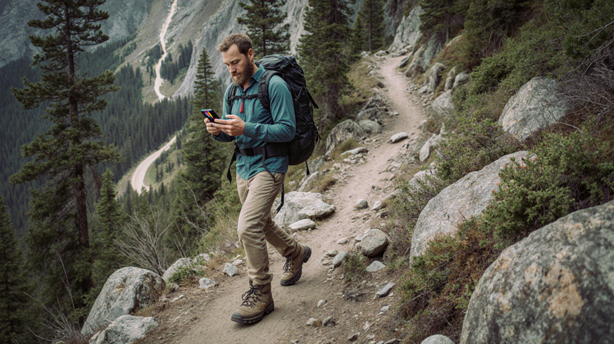 Gunderson hiking rugged mountain trail with phone showing weak signal bars and a steep path ahead