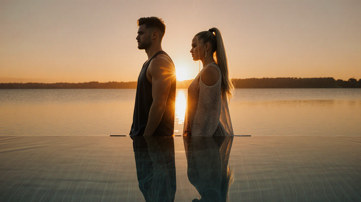Gus Kenworthy and Miley Cyrus stand back‑to‑back in silhouette with sunset reflections in a calm lake