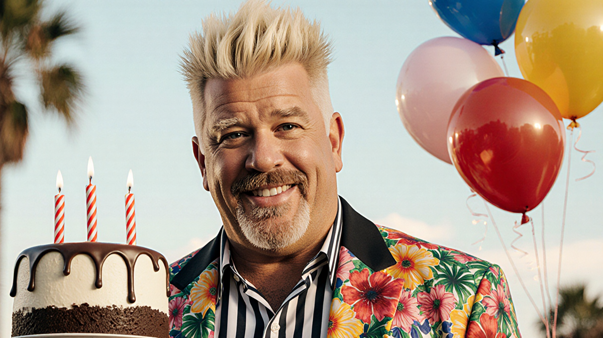 Guy Fieri poses with spiky blonde hair and bold striped shirt beside a small birthday cake.