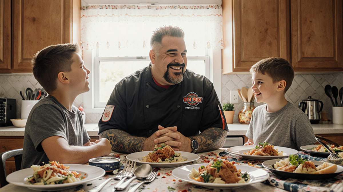 Guy Fieri smiling while his sons Hunter and Ryder chat in a cozy kitchen with cookbooks and bright natural light