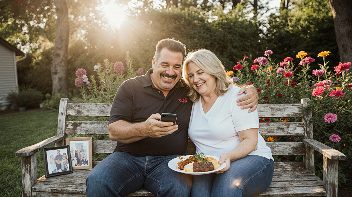 Guy Fieri smiles while checking his phone with Lori beside him holding a plate of food in their backyard.