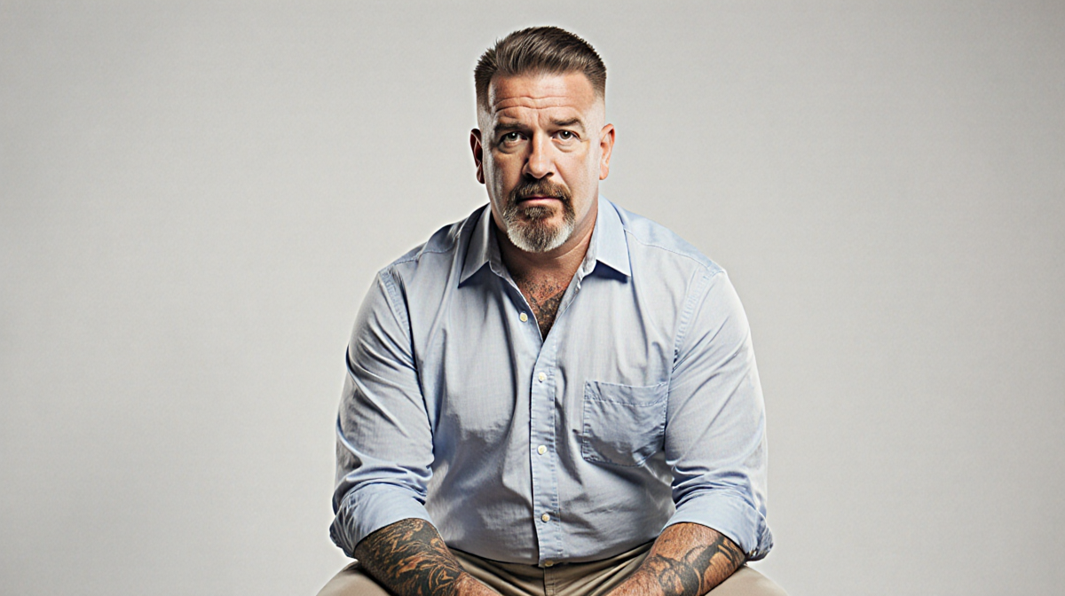 Guy Fieri sits in portrait with shaved goatee and khaki trousers against a white background