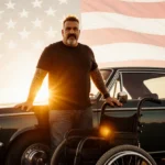 Guy Fieri stands with hands on his car hood with foot-powered wheelchair beside him and American flag waving at sunset