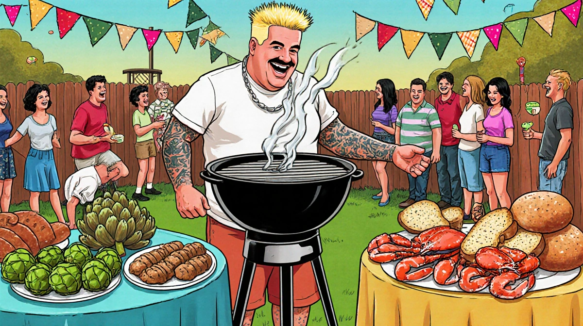 Guy Fieri grilling at backyard tailgate with artichokes and Dungeness crab on colorful table