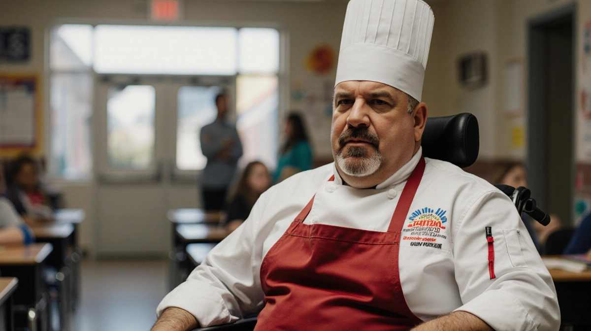 Guy Fieri sits determined in wheelchair with chef's hat and apron showing resilience for Thanksgiving cooking