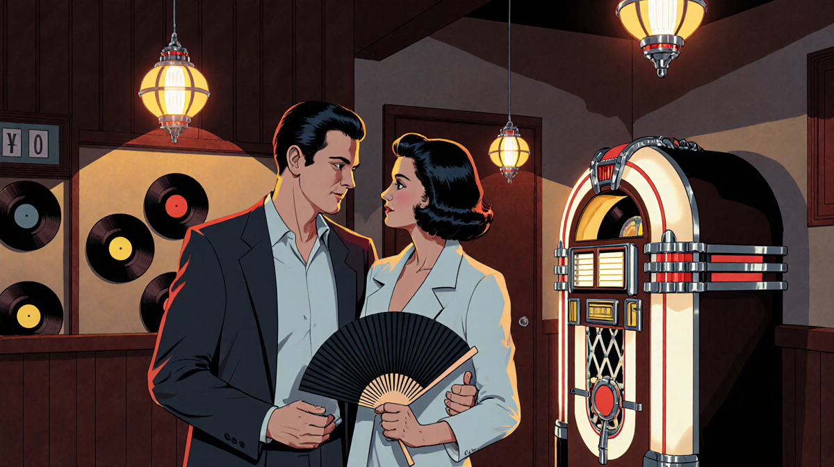 Guy and Ralna standing together looking at each other with Santa Monica late 1960s club lighting and Ralna holding a fan