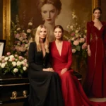 Gwyneth Paltrow and Cindy Crawford sitting together with Valentino gowns and floral arrangements around them