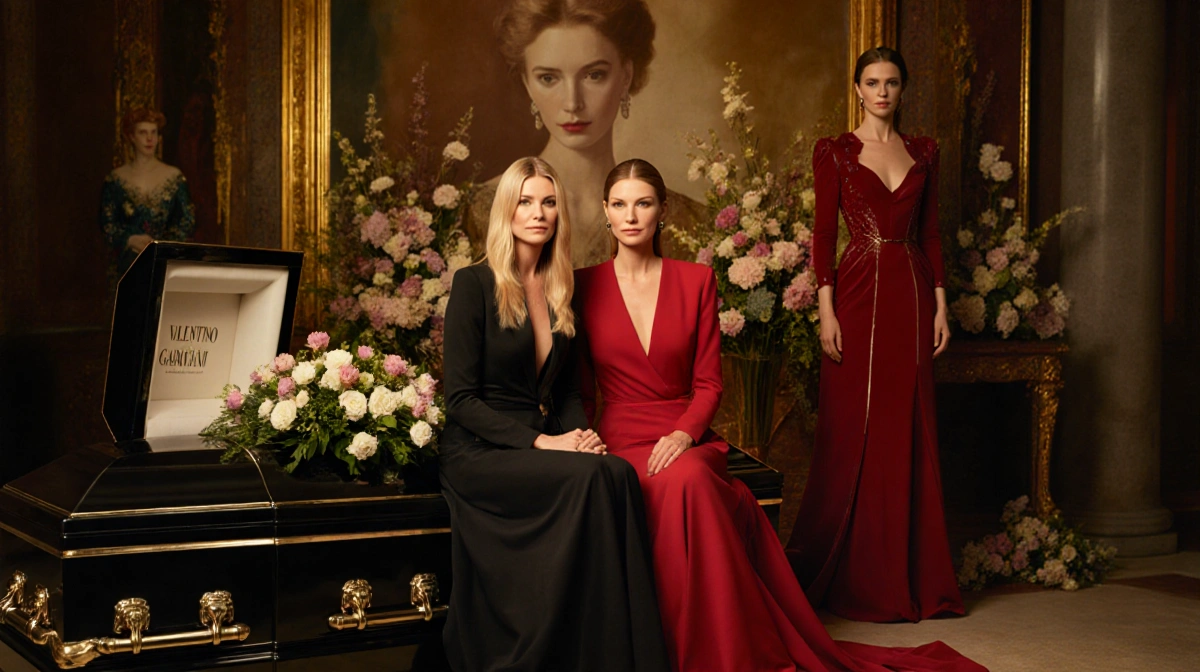 Gwyneth Paltrow and Cindy Crawford sitting together with Valentino gowns and floral arrangements around them