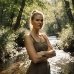 Gwyneth Paltrow stands in forest with sunlight filtering through trees and brook behind her
