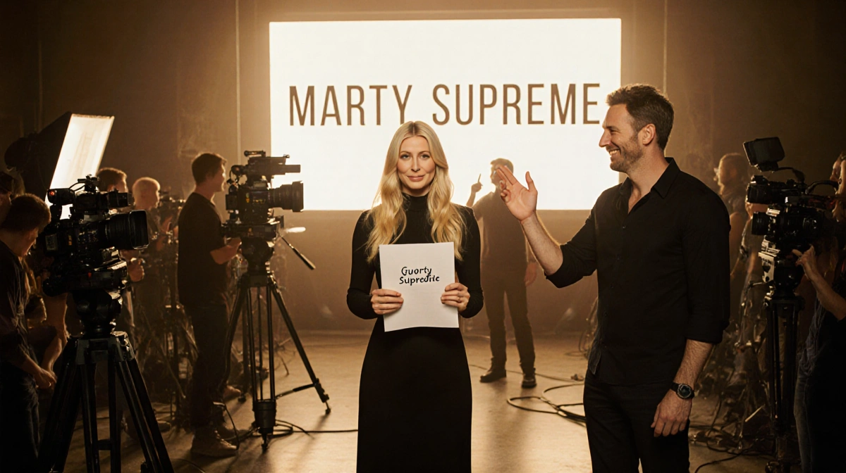 Gwyneth Paltrow holds her script with confidence while Josh Safdie stands beside her and the Marty Supreme title glows on the