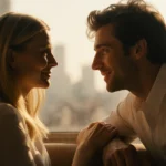 Gwyneth Paltrow and Timothée Chalamet sharing intimate conversation with warm golden lighting and city skyline behind them