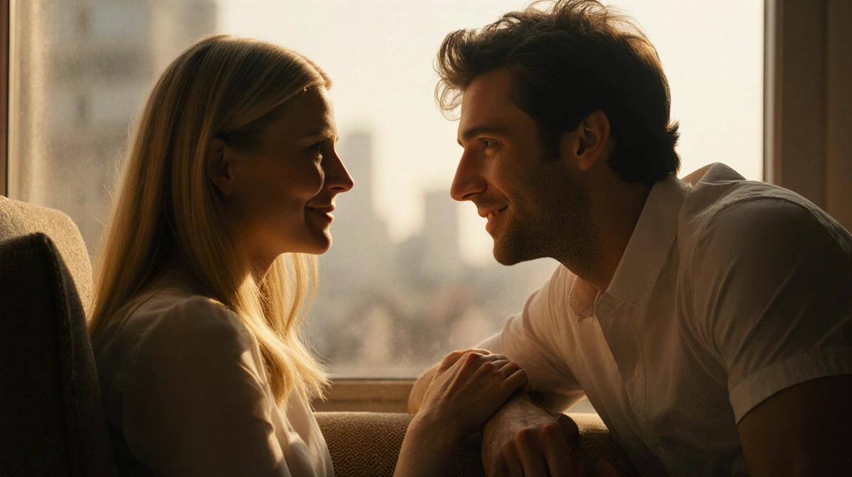 Gwyneth Paltrow and Timothée Chalamet sharing intimate conversation with warm golden lighting and city skyline behind them