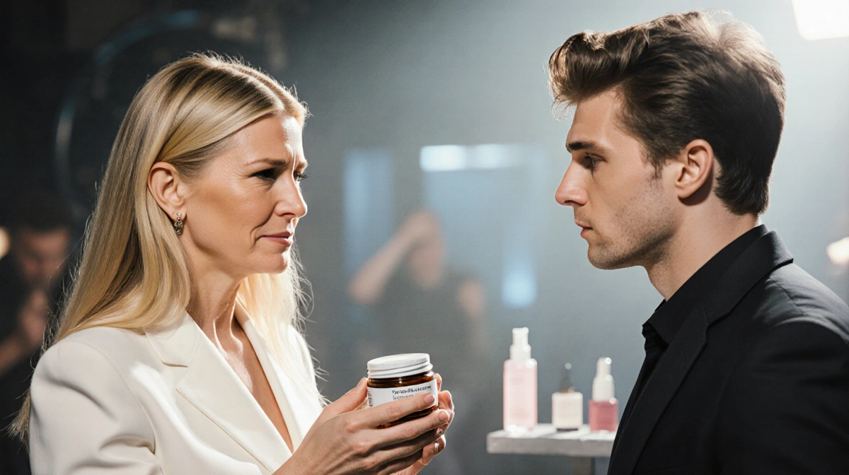 Gwyneth Paltrow offering skincare advice to Timothée Chalamet with jar in hand and embarrassed expressions on set