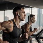 Athlete sprinting with sleek earbuds and mirrored reflection of focused face in gym with blurred equipment and city skyline