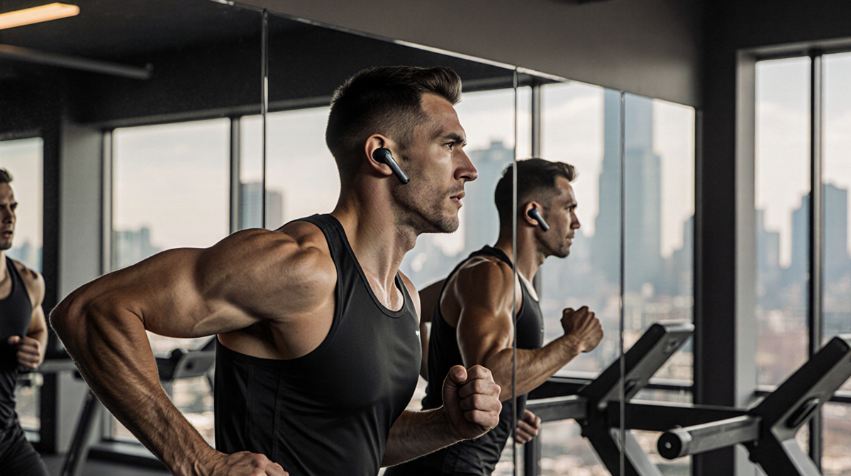 Athlete sprinting with sleek earbuds and mirrored reflection of focused face in gym with blurred equipment and city skyline