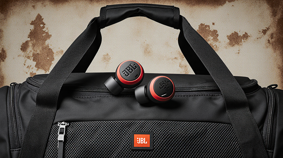 Gym bag holding JBL earbuds prominently on top with worn leather texture background and balanced off-center placement.