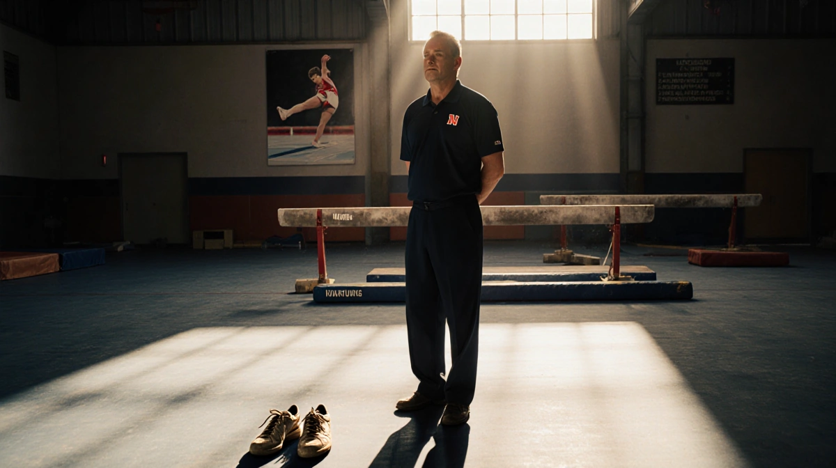 Coach stands alone in gym with worn shoes and faded competition photo on wall