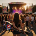 Musicians perform energetic Bob Weir tribute on stage with thousands of dancing fans and Grateful Dead merchandise at San Fra