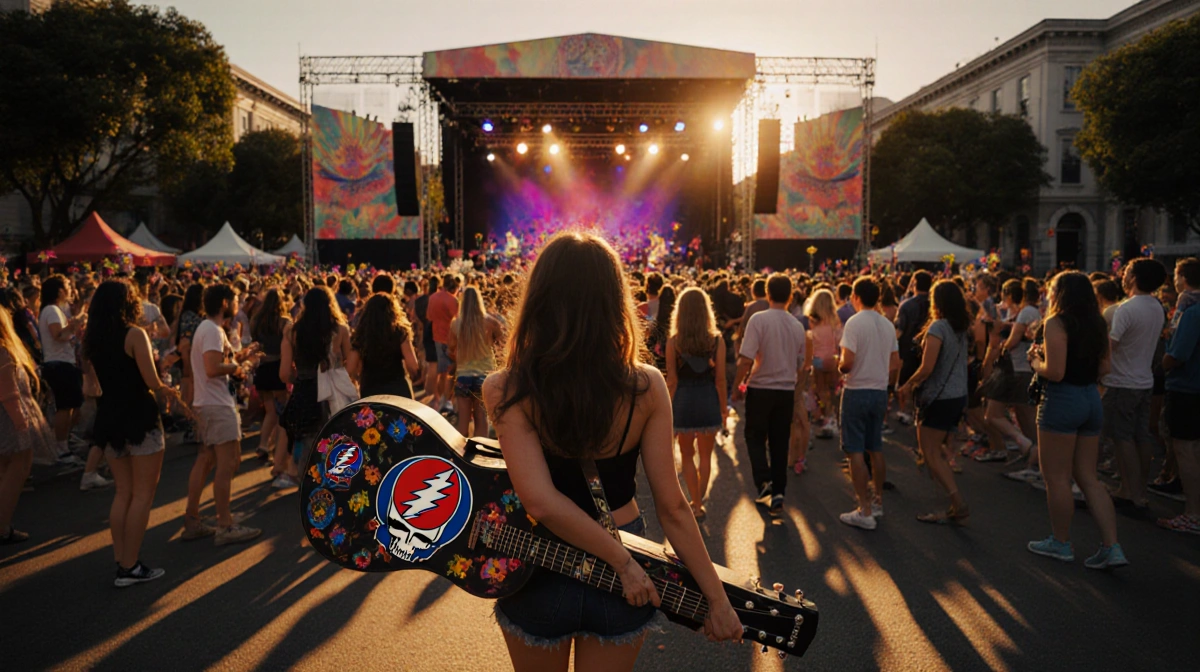 Musicians perform energetic Bob Weir tribute on stage with thousands of dancing fans and Grateful Dead merchandise at San Fra