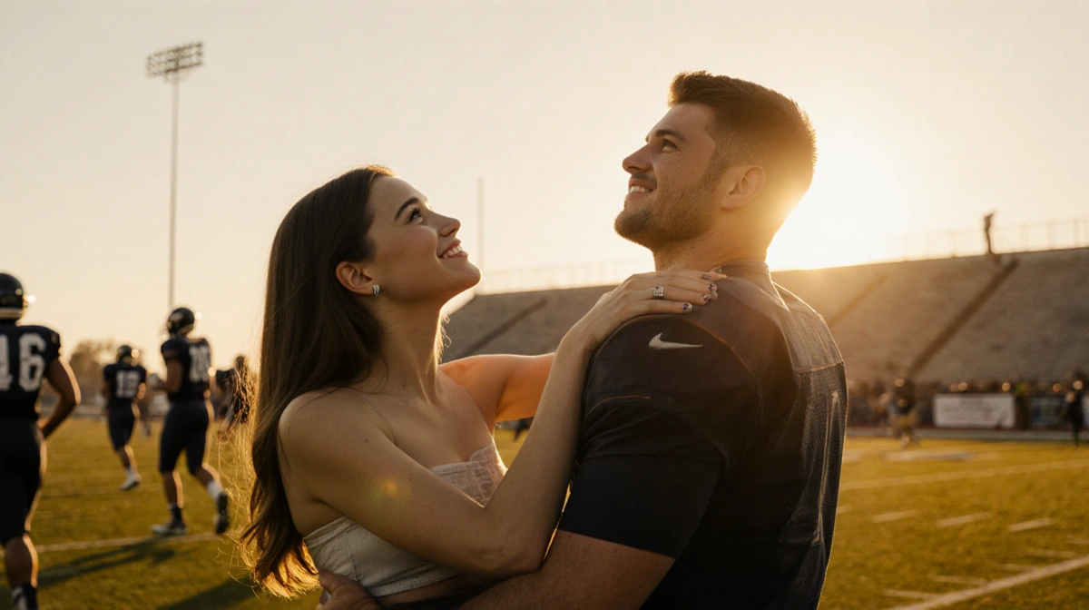 Hailee Steinfeld hugs Josh Allen on football field with golden sunset and teammates in background