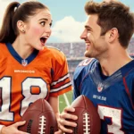Hailee Steinfeld wearing vintage Broncos gear with Josh Allen in Bills uniform holding footballs and smiling at each other