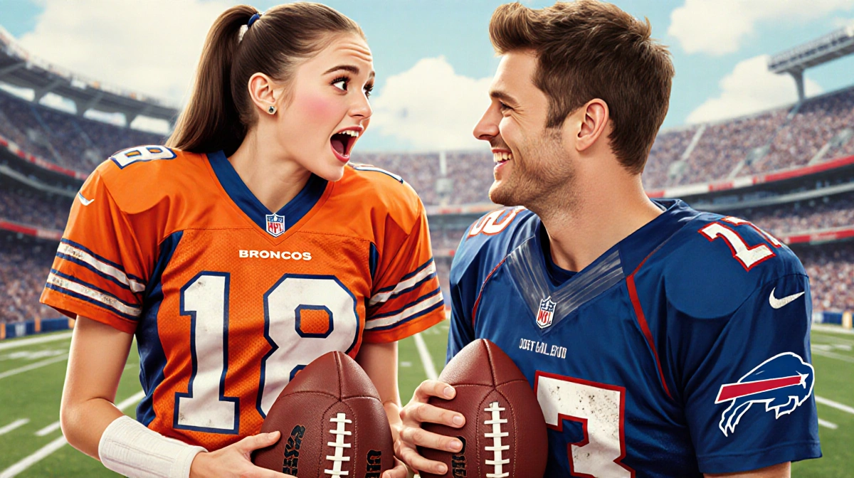 Hailee Steinfeld wearing vintage Broncos gear with Josh Allen in Bills uniform holding footballs and smiling at each other