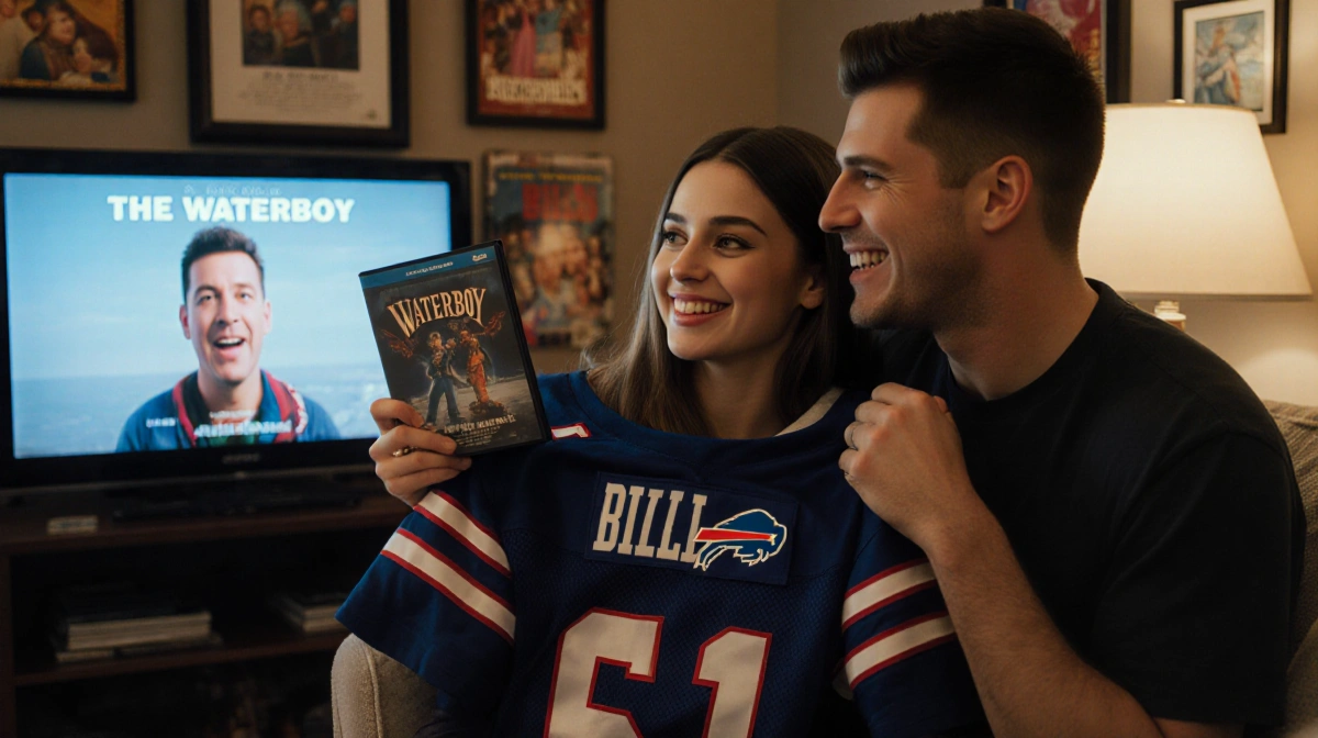 Hailee Steinfeld and Josh Allen smiling together on couch with Adam Sandler movie posters and Waterboy DVD
