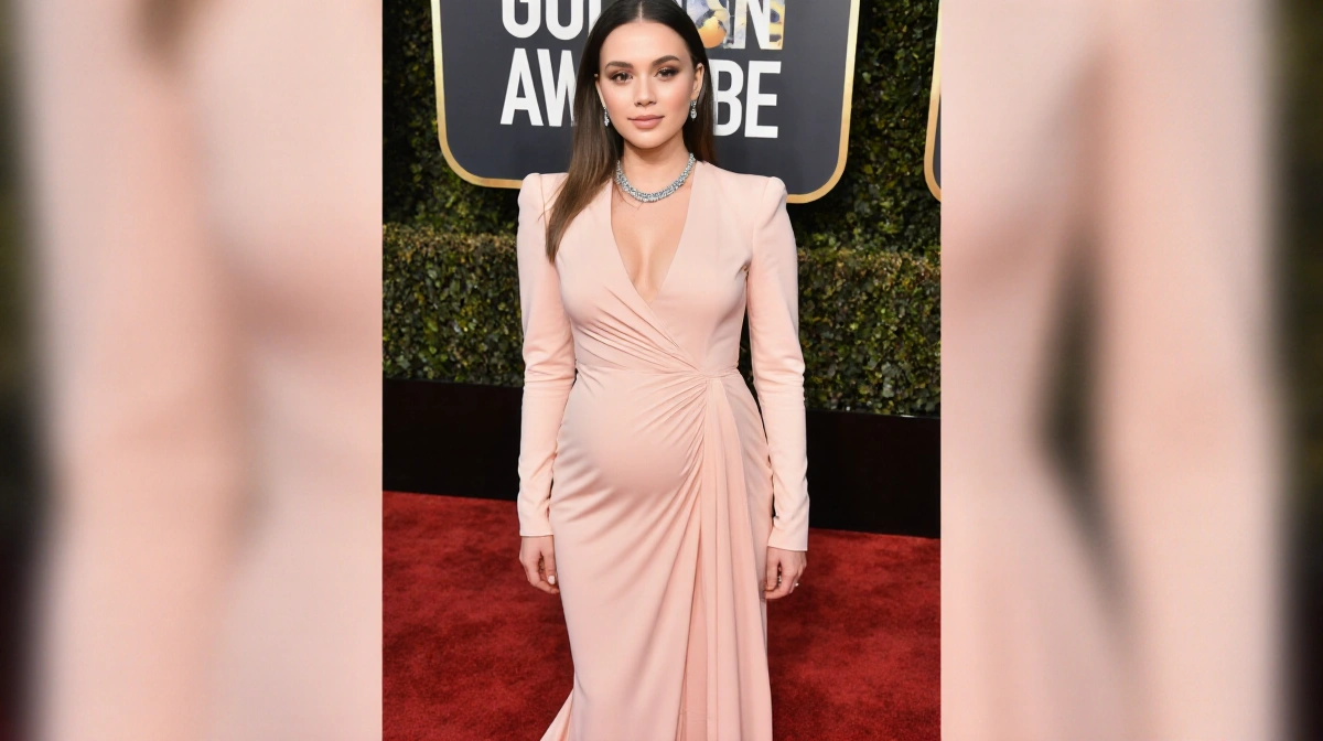 Hailee Steinfeld poses on Golden Globes red carpet with baby-pink maternity gown and diamond necklace