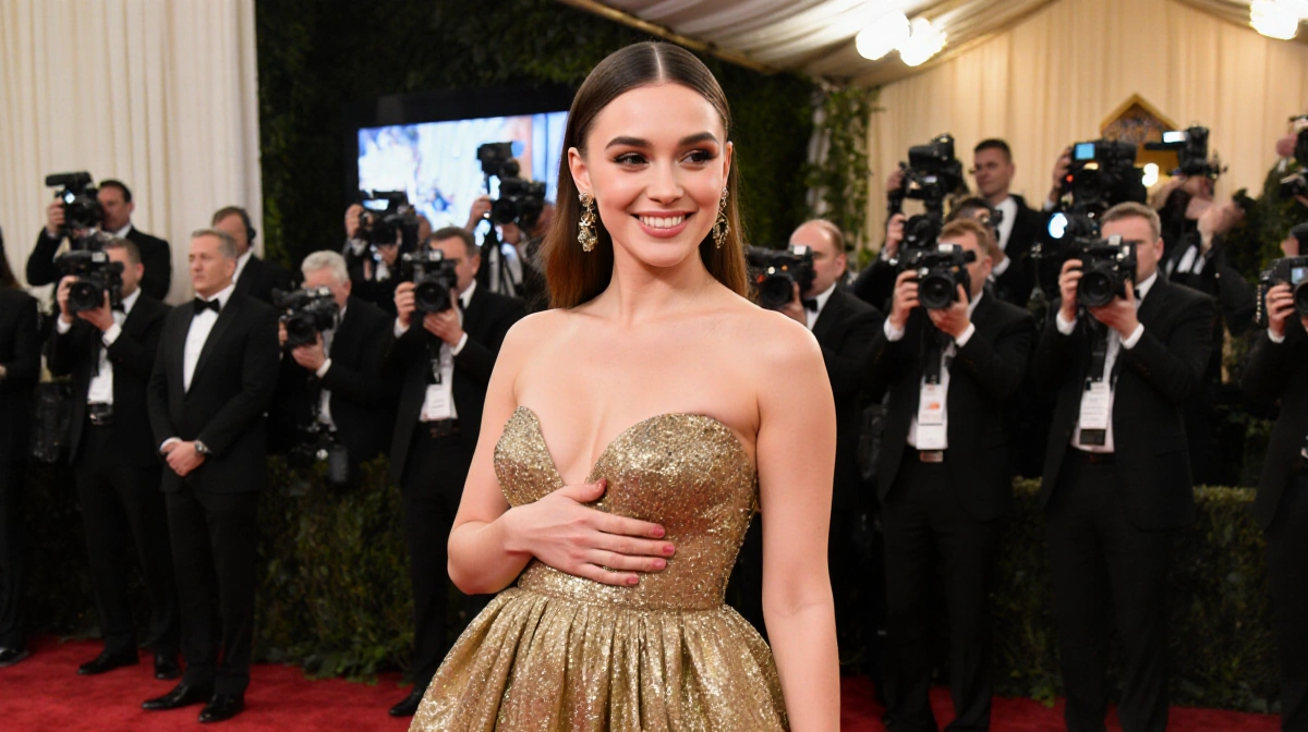 Hailee Steinfeld walks the red carpet with baby bump showing in gold gown and warm lighting