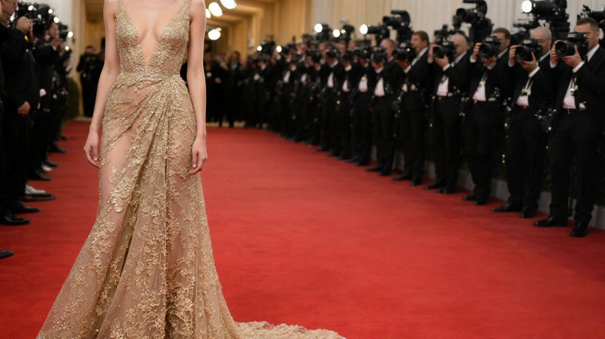 Hailey Bieber walking red carpet with Armani Privé lace gown and golden glow against blurred cameras