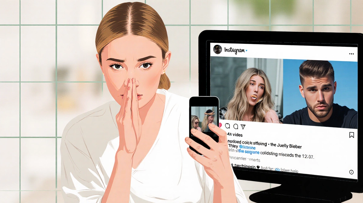 Hailey Bieber checking Instagram on phone with concerned expression and blurred social media background