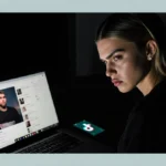 Hailey Bieber frowning at laptop playing TikTok with phone showing creator video in dark room